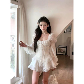 Đầm mini dáng ngắn cổ vuông dài tay màu trắng tôn eo cao cấp kiểu dáng tiểu thư sexy cho nữ
