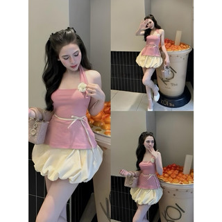 Set áo yếm choàng hoa trà dây nơ eo mix chân váy bí phồng
