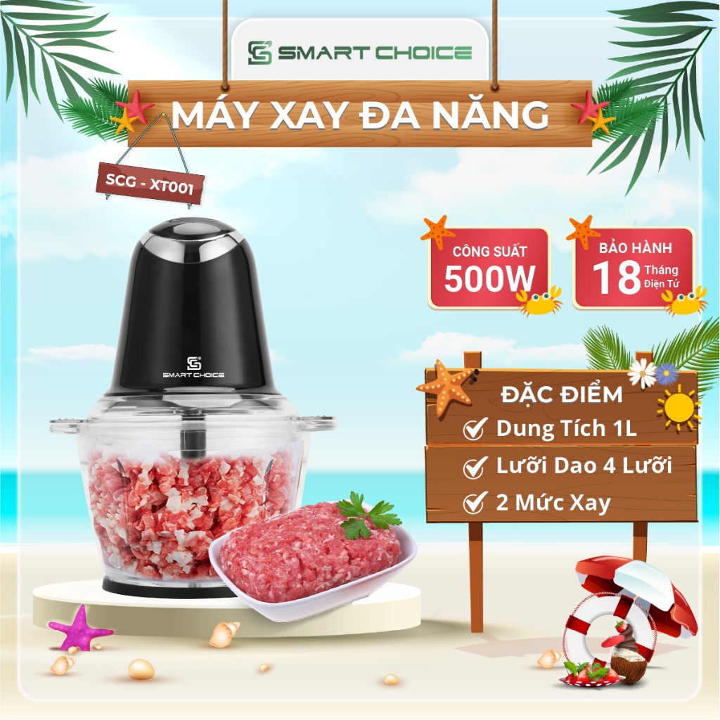 Máy Xay Thịt Smartchoice SCG-PK-XT001 1000ml Máy Xay Đa Năng 2 Cấp Độ Xay 500W Thủy Tinh Sang Trọng