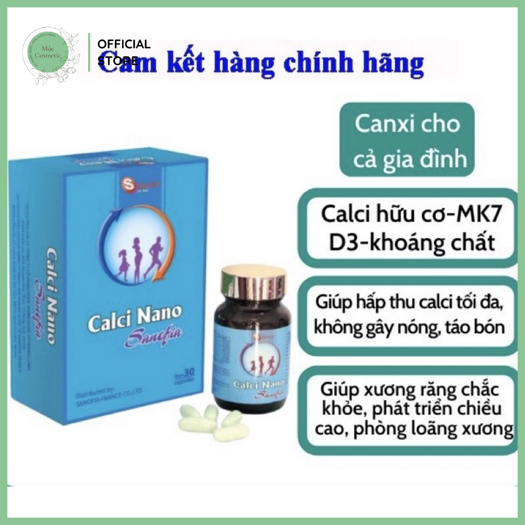 Calci Nano Sanofia - Canxi hữu cơ giúp hệ xương, răng chắc khoẻ Hộp 30 viên.