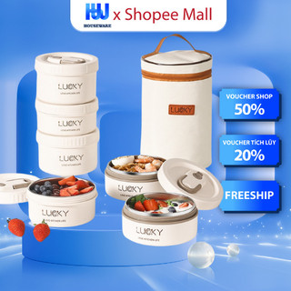 Hộp cơm văn phòng, Hộp cơm giữ nhiệt LUCKY, thiết kế 3 ngăn riêng biệt kèm ruột inox 304.