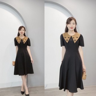 Váy Xòe Cổ Phối Màu Nơ Đen