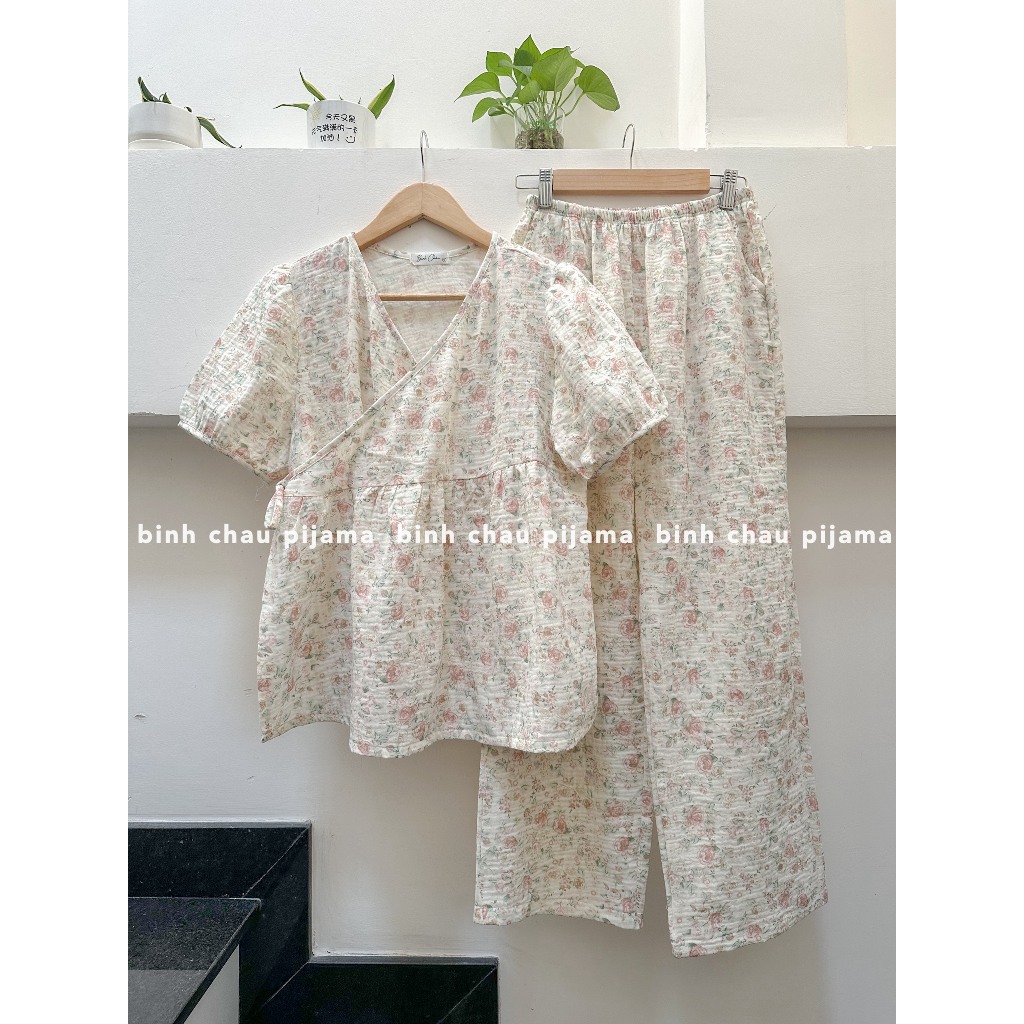 Đồ Bộ Mặc Nhà Phong Cách Yukata Chất Xô Muslin Cao Cấp - Bình Châu Pijama