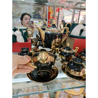 Bộ cà phê sứ xương Versace đen cao cấp