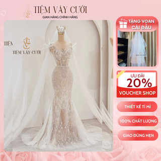 Váy cưới cô dâu 💖tặng voan cài đầu💖 đầm cưới đuôi cá, cúp ngực, đính đá,vải ren cao cấp, tvc90