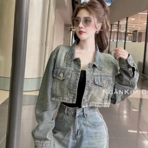 ÁO KHOÁC JEANS NỮ CROPTOP - ÁO KHOÁC DENIM CROPTOP MÀU BỤI HACK DÁNG