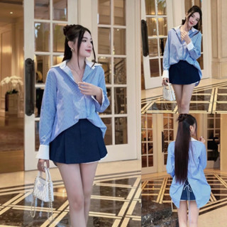 Bigsize Set áo sơ mi sọc tay xẻ lưng đan dây kèm chân váy jeans 55-95kg