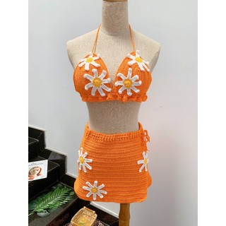 Set bikini len móc cam phối hoa