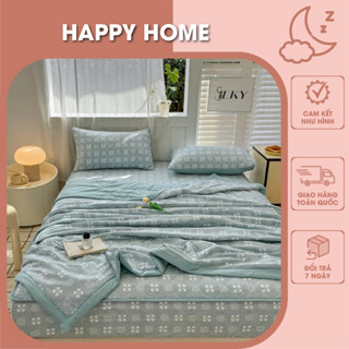 Set 4 món chăn ga gối chất đũi hàn mềm mát, Bộ mền ga gối họa tiết hoa ga trần bông bo chun phù hợp với mọi sile gường