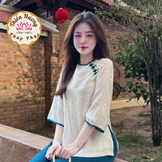  Set đồ đi chùa cổ tròn khuy tết đính ngọc chữ Thọ lụa tằm Pháp phục lễ chùa tay lỡ Bộ đồ lam cách tân Lụa cao cấp 