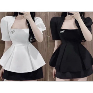 Áo peplum cổ vuông tay bồng phối tag nơ siêu xinh