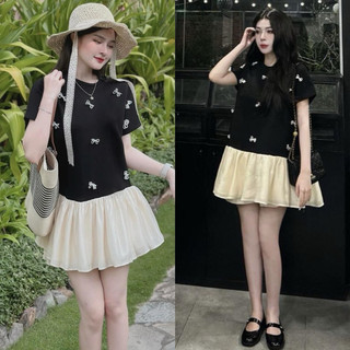 [SHOPPUMI] Đầm suông đính nơ ngọc trai freesize Pumi 15789