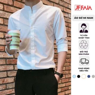 Áo sơ mi nam cổ tàu FAJA dáng ôm Hàn Quốc, sơ mi nam cổ trụ vải lụa nến chống nhăn