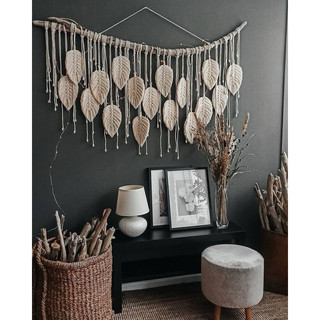Mành macrame lá treo tường decor tone kem