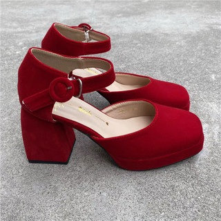 🍇 HÀNG CÓ SẴN 36 38 đỏ🍇 She in Giày gót vuông da lộn đỏ bầm 9cm