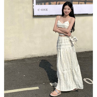 Nalinila Set bộ ulzzang cao cấp Áo hai dây nhún tiểu thư và Chân váy dài maxi bèo nữ tính mùa hè đi biển ngọt ngào