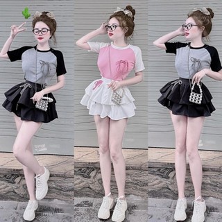Set áo thun kèm chân váy tầng đính nơ cực xinh