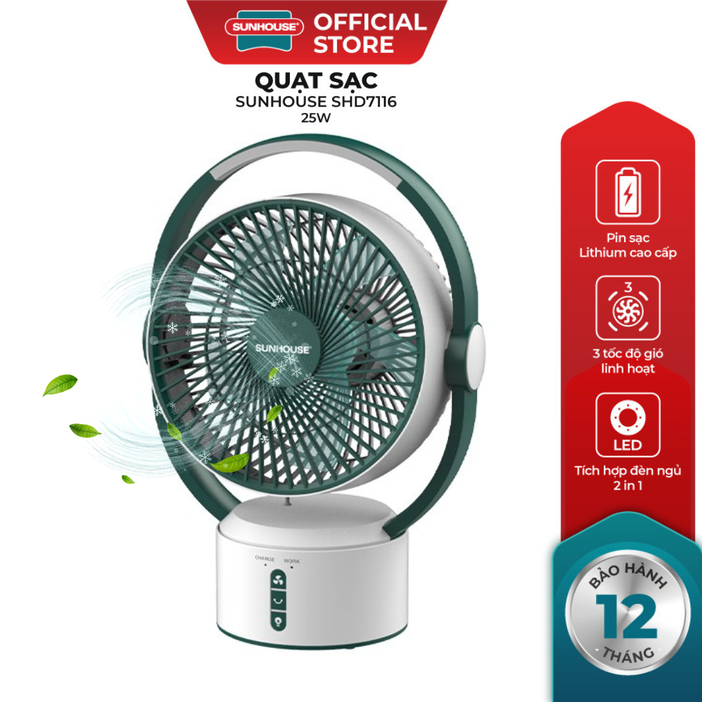 Quạt sạc điện SUNHOUSE SHD7116 - 3 tốc độ gió tùy chỉnh, tích hợp đèn ngủ 2 trong 1 - Hàng chính hãng bảo hành 12 tháng