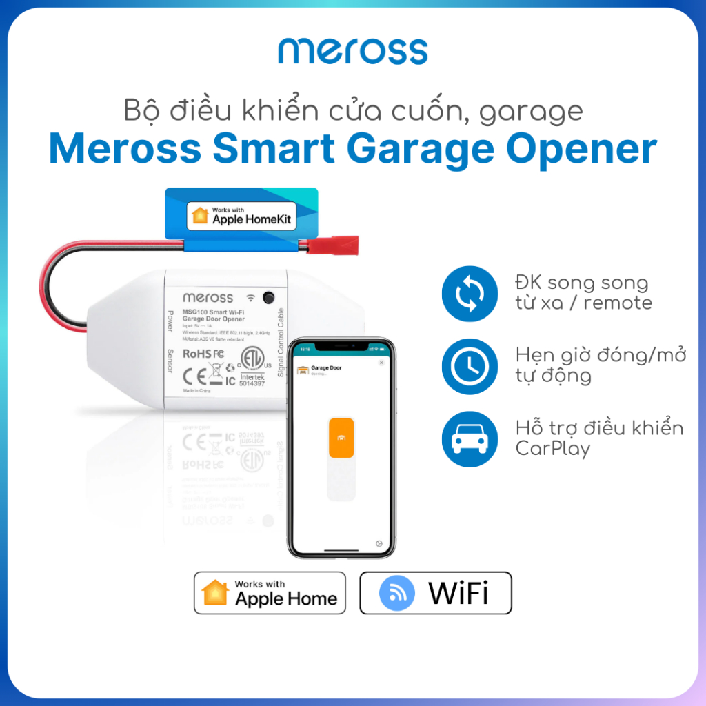 Bộ điều khiển cửa Garage Meross, kết nối WiFi, tương thích Apple Home, Google Home - Bảo hành 12 thá