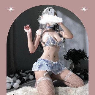 Bộ đồ cosplay cô hầu gái ke xanh dây buộc sau xinh xắn