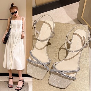 Sandal cao gót kim tuyến gót nhọn 7p, guốc nữ quai chéo đính đá -mã H80