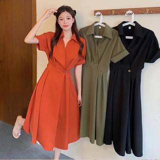Đầm midi cam nút eo chun sau thanh lịch dạo phố freesize