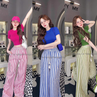 Sét bộ nữ, sét áo thun tăm cổ tròn tay cộc form croptop phối quần sọc xuông