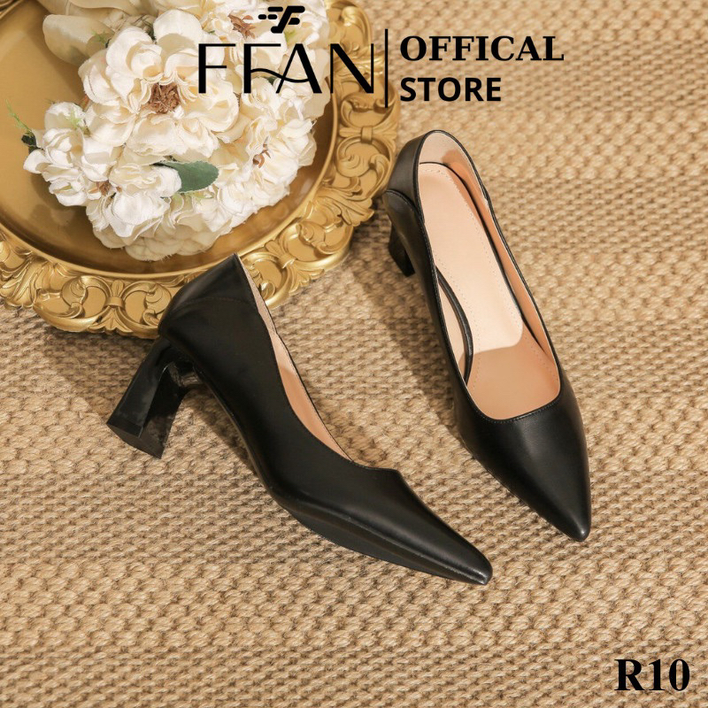 Giày cao gót nữ mũi nhọn đế vuông [da thật] bít mũi 6 phân R10 big size màu đen be trắng FFAN STORE
