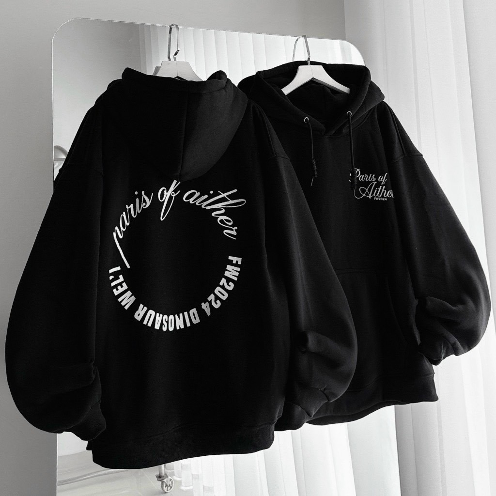 Áo Khoác Nam Nữ Thun Nỉ In Chữ Paris of Aither Tay Phồng Kiểu Rộng - FREESHIP - Áo Hoodie Có Nón 2 L