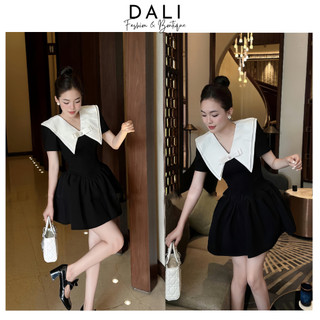 Váy Tuyết Mưa Cộc Tay Cổ Vát Đính Nơ Dáng Bồng Dự Tiệc Tiểu Thư