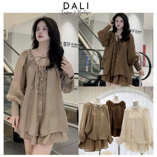 Set Áo Voan Lụa Tơ Cổ Nhún Thắt Nơ Dáng Babydoll + Chân Váy Dáng Xoè Bồng Có Quần Trong Dáng Tiểu Thư
