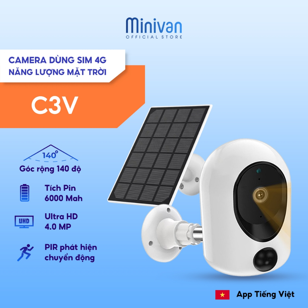 Camera 4G FHD 4.0Mp dùng sim ngoài trời chống nước không dây mini kết nối điện thoại giám sát hành trình Minivan C3V