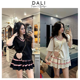 Set Bộ Nữ Phối Viền Cổ V Sang Chảnh Kèm Chân Váy Xếp Ly Chất Liệu Tăm Gân Dày Dặn Dáng Tiểu Thư Sang Chảnh