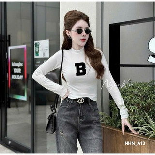 Áo gân tay dài cổ cao nhẹ in chữ B xinh