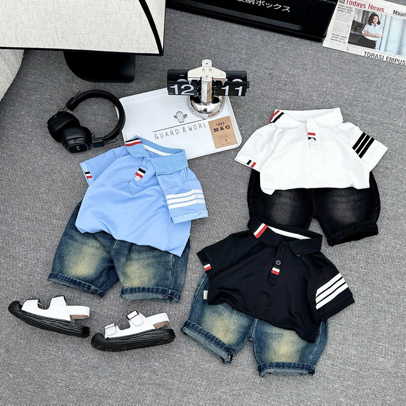 (8-25kg) sét bộ quần áo bé trai áo polo cộc tay phối quần jean mềm cho bé