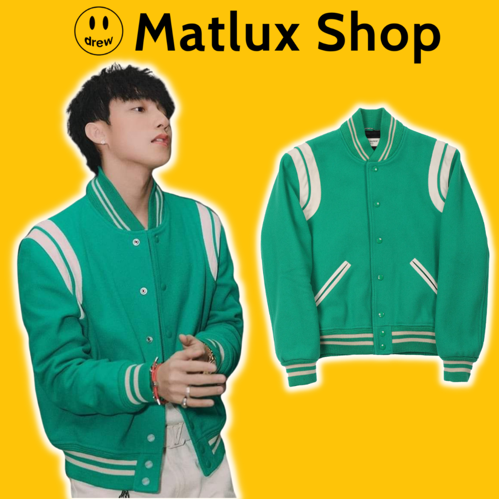 Áo khoác bomber SLP Teddy Jacket Green cao cấp, Áo khoác bóng chày nam nữ YSL chất liệu vải len dày dặn, Áo khoác Teddy