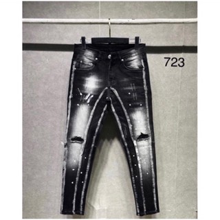 Quần dài jean nam đen DSQ Rách xước gối phối vẩy sơn xịn chất jean co dãn dày dặn chuẩn from mẫu mới