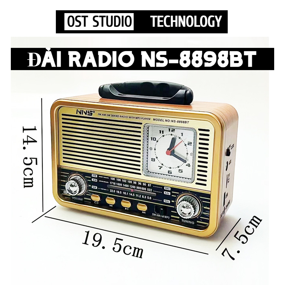 Đài FM Radio Bluetooth NS-8898BT Âm Thanh Mạnh Mẽ, Đa Năng Tiện Lợi, Thiết Kế Cực Đẹp, Có Đồng Hồ Hi