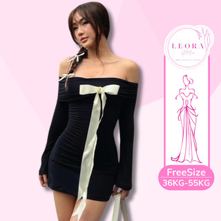 Đầm trễ vai tay dài LEORA, đầm dài tay phối nơ xinh xắn phong cách tiểu thư D003