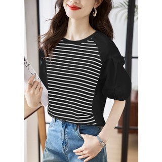 Áo  thun nữ cotton tay ngắn họa tiết kẻ màu sắc tương phản thời trang mùa hè T10