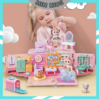Xe Buýt Đồ Chơi Màu Hồng Biến Hình Thành Ngôi Nhà Búp Bê, búp bê công chúa đồ chơi xe ô tô biến hình ngôi nhà cho bé