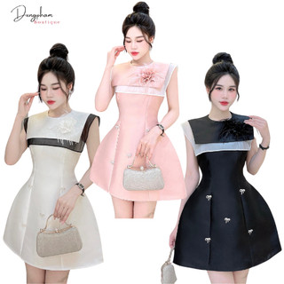 Đầm taffa đính nơ đá phối viền voan đẹp xỉu hàng thiết kế