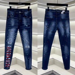  Quần jean bò nam DSQ slimfit xanh bạc rách xước mài in chữ Dsquared2 hoạ tiết cây dừa dọc ống QJ515P 