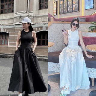 [V1.645] Váy Maxi Zip Pha Thô Dáng Dài Cutout Lưng 2 Màu Cá Tính Form Xoè Rộng (kèm ảnh thật)