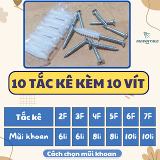 Combo 10 Tắc kê kèm vít (1 đơn vị là 10 vít và 10 tắc kê) có các cỡ lựa  2F, 3F, 4F, 5F, 6F, 7F