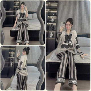 Đồ bộ Pyjama nữ thiết kế in 5D Gấu sọc xám lụa xước Sam cao cấp