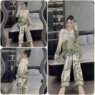 Đồ bộ Pyjama nữ in 5D Gấu loang xanh lụa xước Sam cao cấp