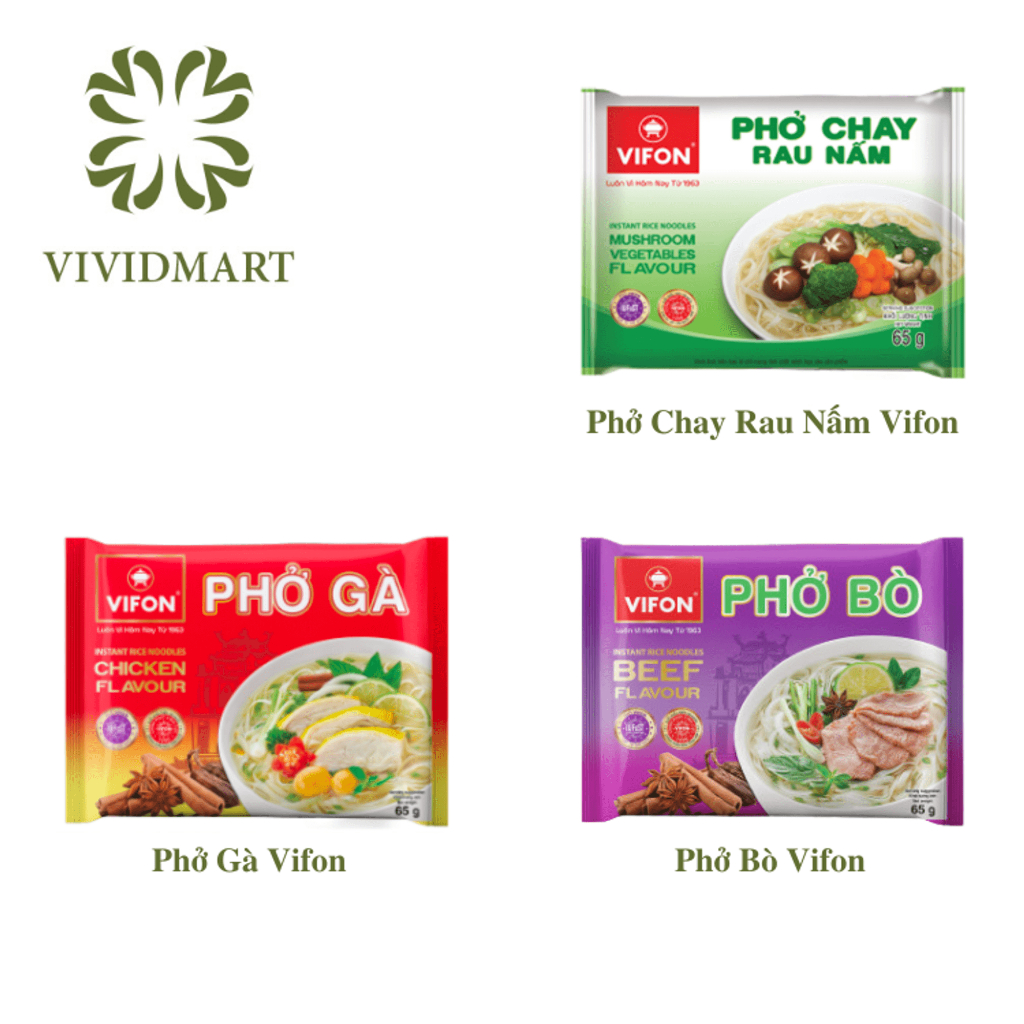 [GÓI LẺ] - VIFON – Phở Vifon ăn liền 3 vị: Phở bò, Phở gà và Phở chay rau nấm Vifon (65g/gói) – Phở ăn liền Vifon