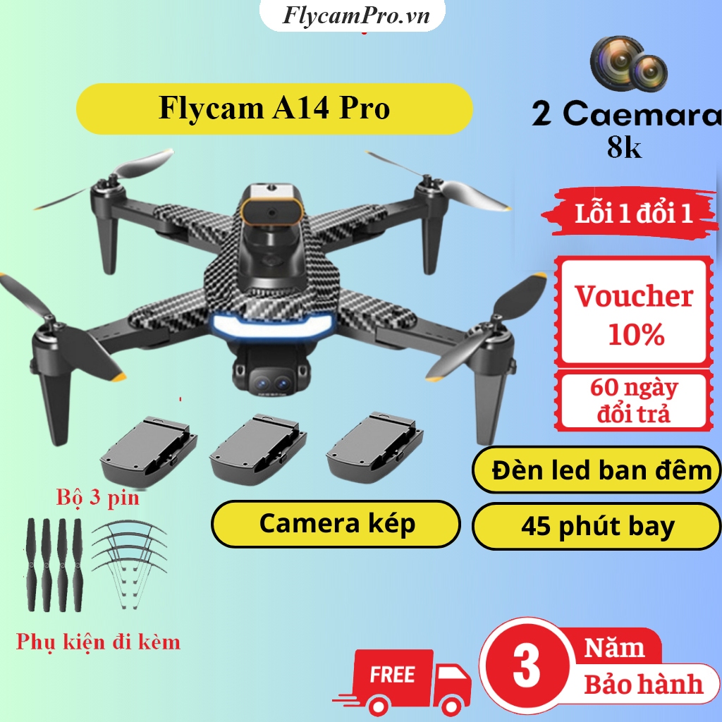 Flycam A14 Pro max, Plycam động cơ không chổi than, Cảm biến chống va chạm, Play cam camera kép 8k