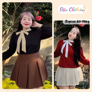 Áo thun kiểu bigsize nữ tay dài phồng bo gấu cổ tròn phối nơ buộc thời trang vải nỉ tăm G153